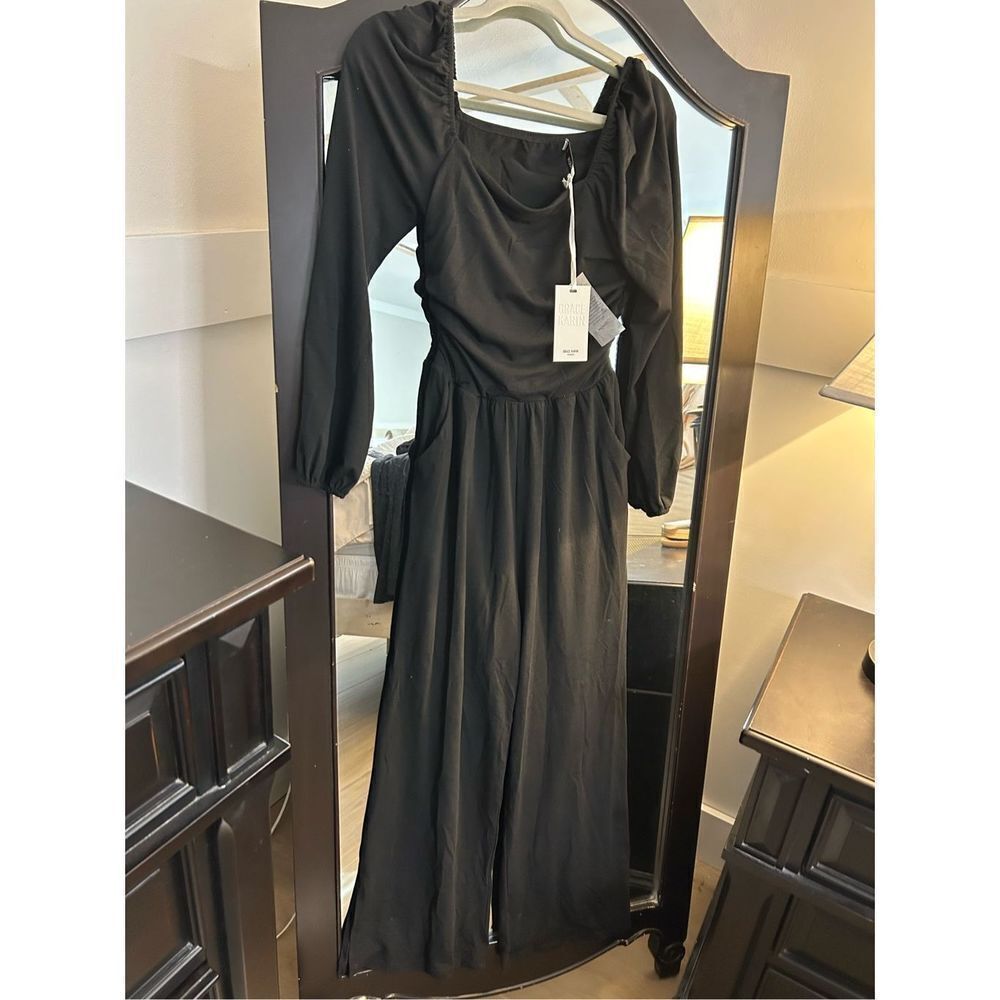 NEW Square Neck Long Sleeve Wide Leg Jumpsuits Pockets S